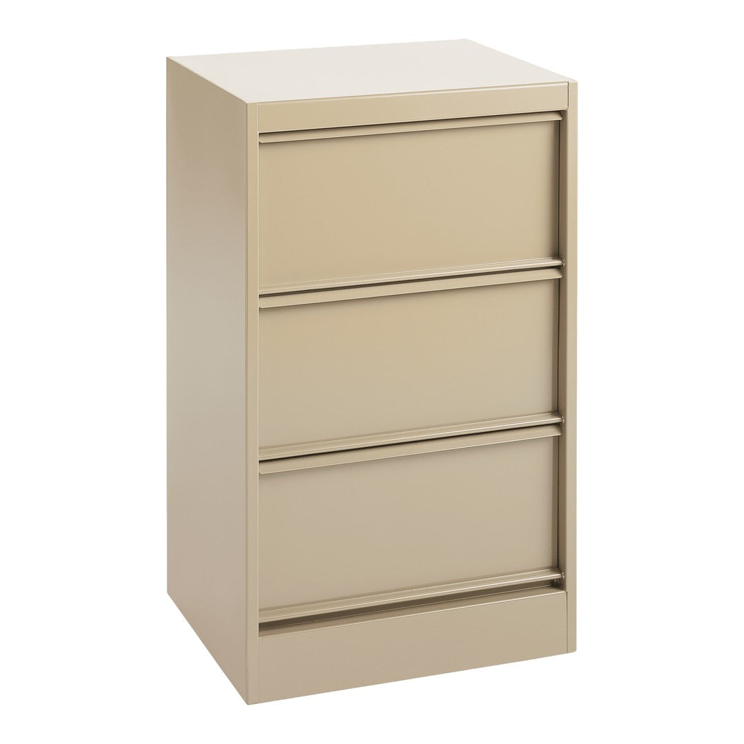 Beige filing cabinet with smooth, flat surfaces and sleek metal handles, featuring three spacious drawers.