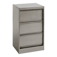 Sleek silver metal filing cabinet with three textured drawers, perfect for modern office decor.