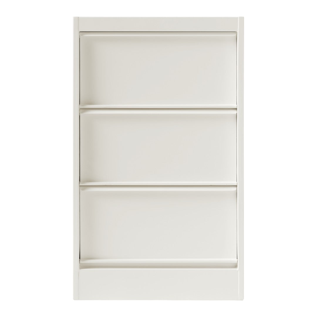 Sleek white dresser with three smooth surface drawers, showcasing a minimalist design and modern elegance.