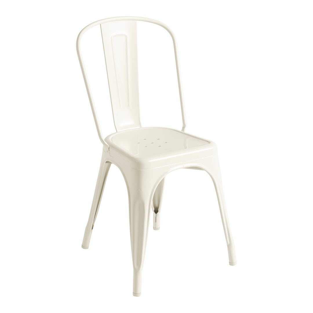 White metal chair with a sleek, minimalist design and rounded backrest, perfect for modern decor.