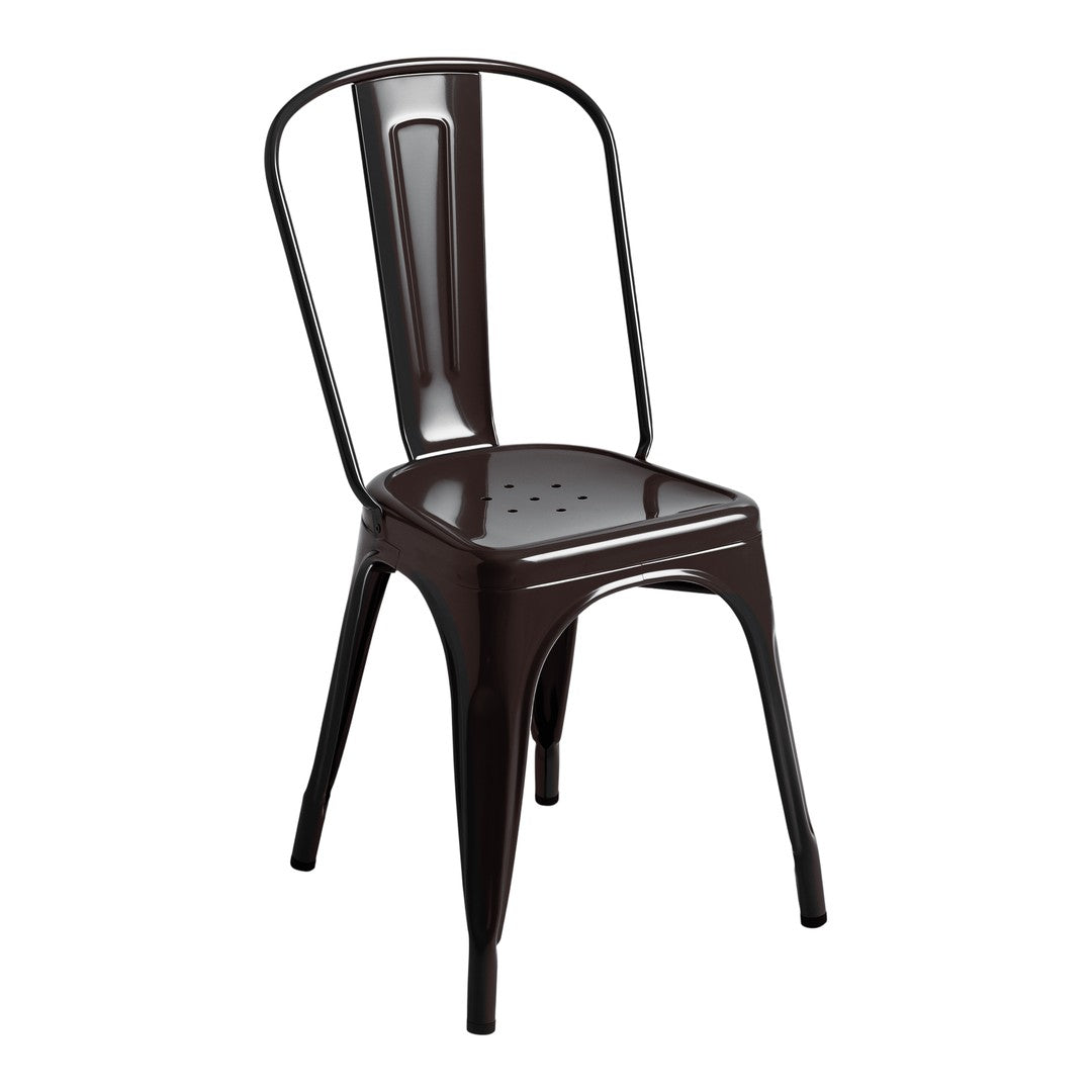Brown metal chair with a sleek, modern design and perforated seat, perfect for stylish indoor or outdoor décor.