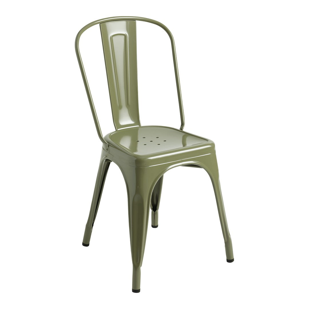 Olive green metal chair with a sleek, minimalist design and classic industrial patterns. Perfect for modern decor.