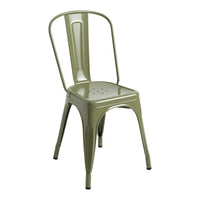 Olive green metal chair with a sleek, minimalist design and classic industrial patterns. Perfect for modern decor.