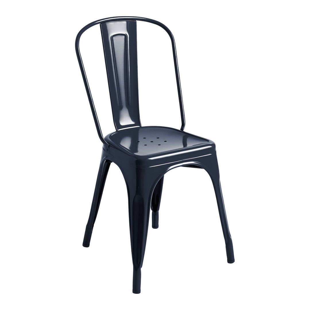 Navy blue metal chair with a sleek, minimalist design and a dotted seat pattern. Perfect for modern decor.