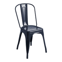 Navy blue metal chair with a sleek, minimalist design and a dotted seat pattern. Perfect for modern decor.
