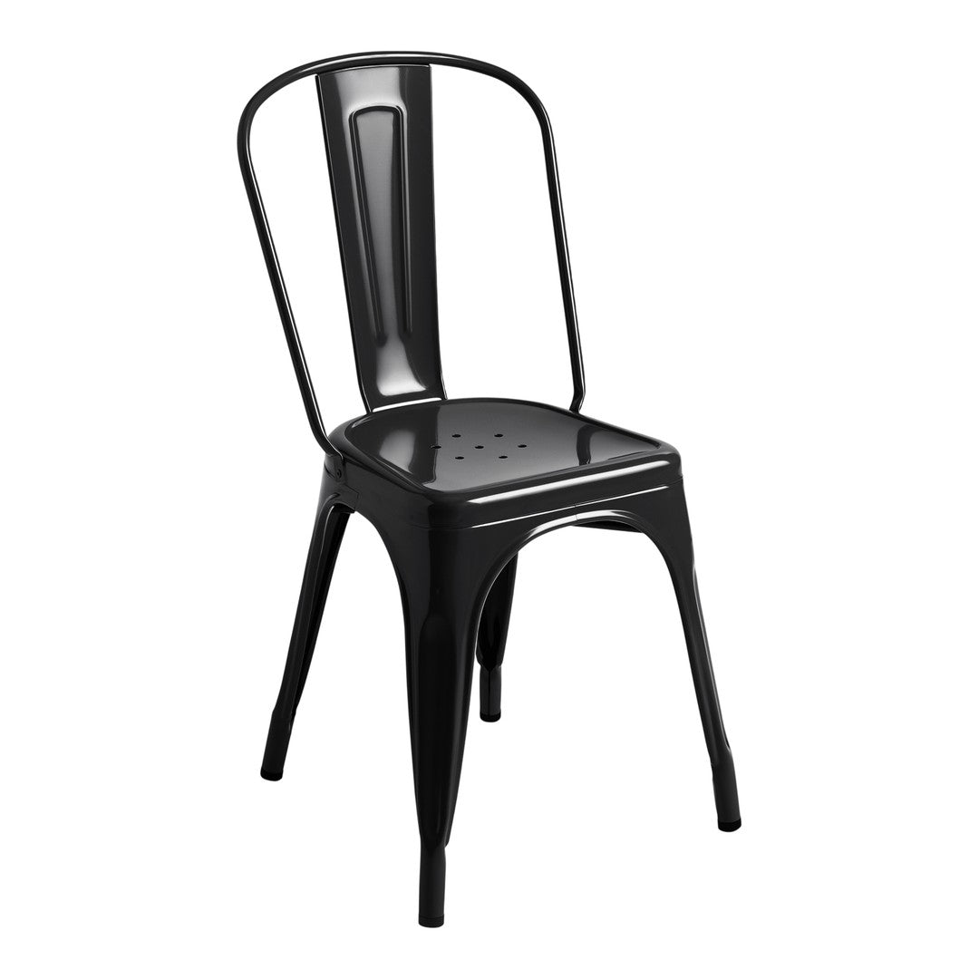 Black metal chair with a sleek, minimalist design and smooth finish, featuring perforated seat for ventilation.