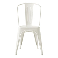 White metal chair with a minimalist design and smooth, sleek finish. Ideal for modern decor.