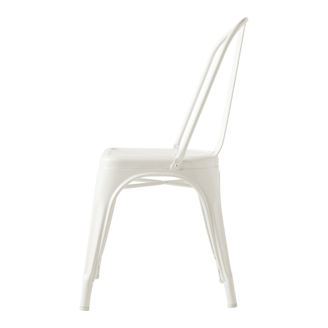 "White minimalist side chair with a sleek, modern design and clean lines, perfect for any contemporary space."