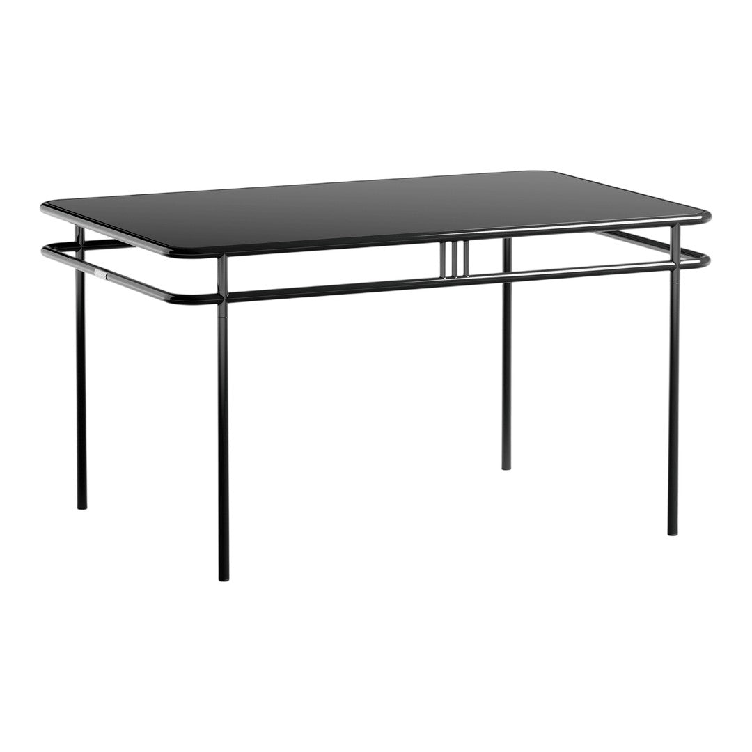 Sleek black rectangular table with a minimalist design and smooth surface, framed by elegant black metal legs.