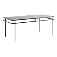 Modern rectangular table with a sleek gray surface and black metal legs, featuring a minimalist design.