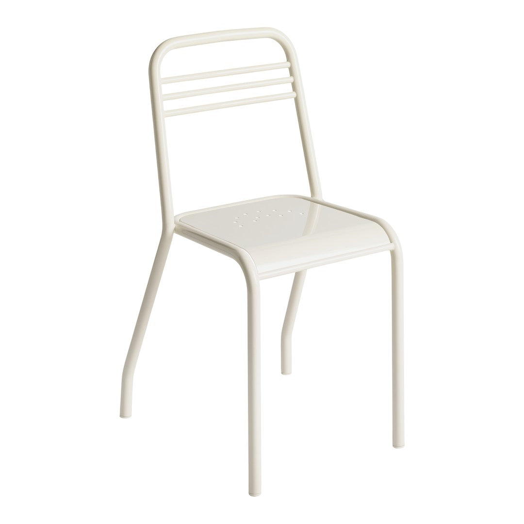 White metal chair featuring a minimalist design with sleek lines and a glossy finish. Perfect for modern decor.