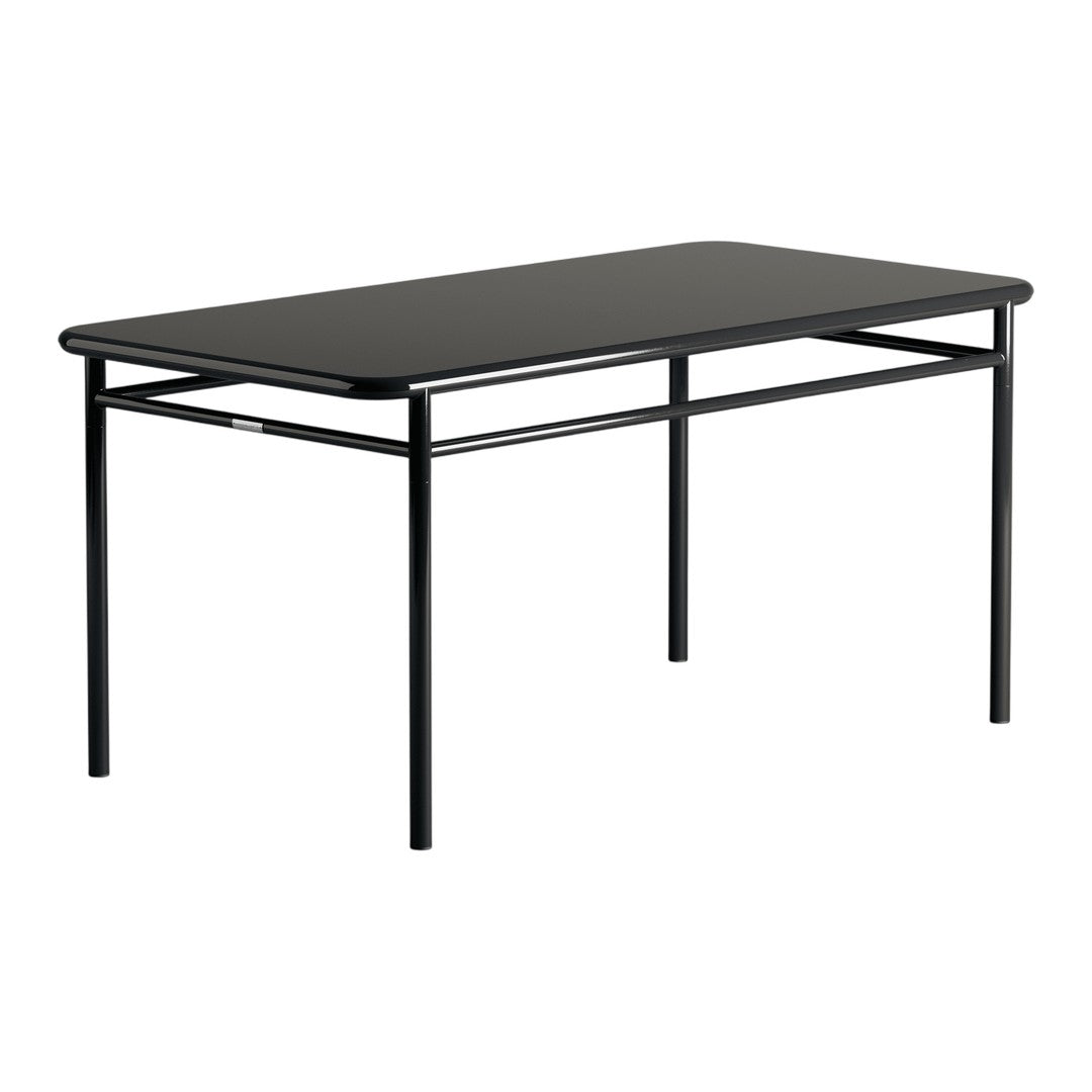 Black rectangular table with a sleek, smooth surface and minimalist design, perfect for modern decor.