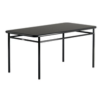 Black rectangular table with a sleek, smooth surface and minimalist design, perfect for modern decor.