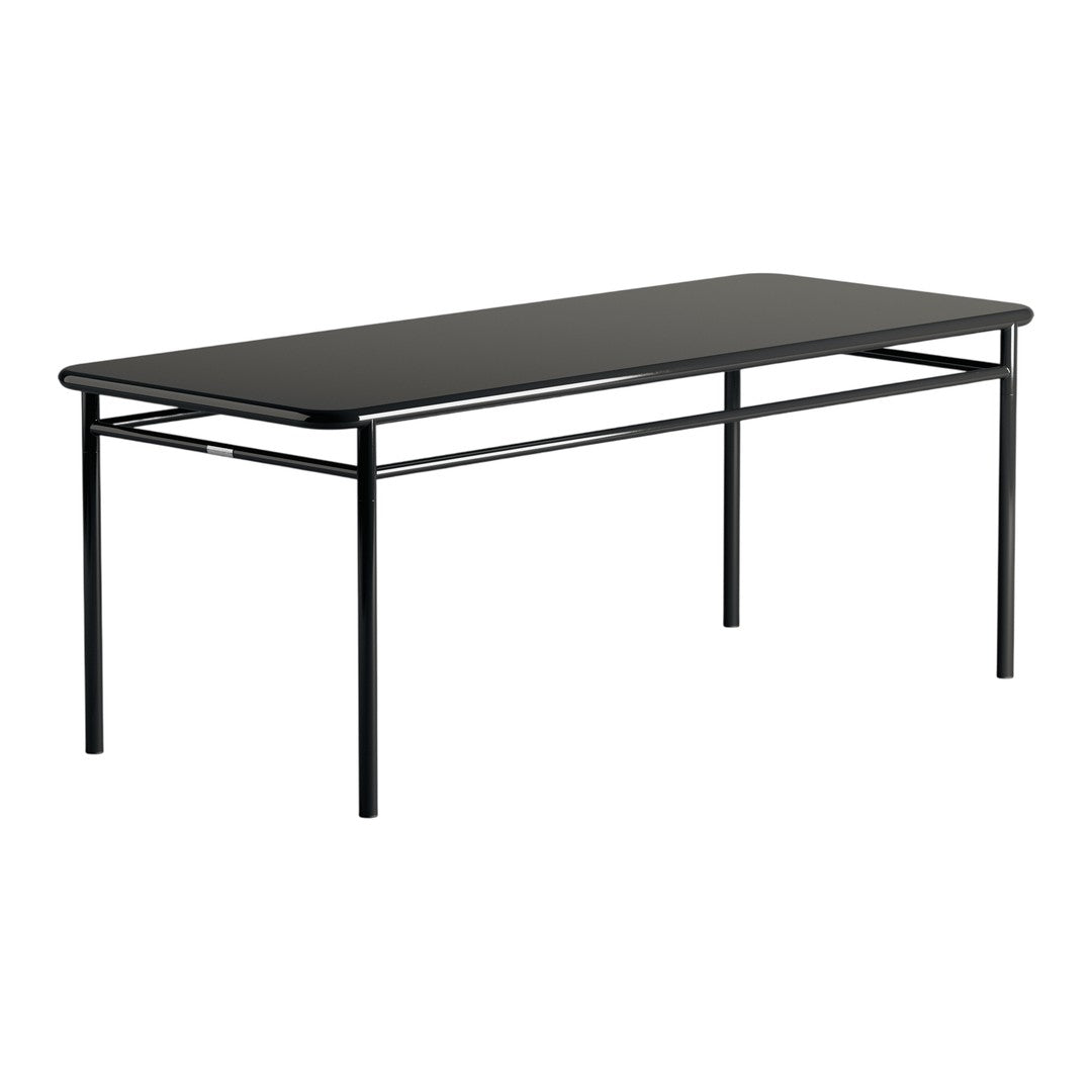Black rectangular table with a sleek glossy finish and minimalist design, featuring a sturdy metal frame.