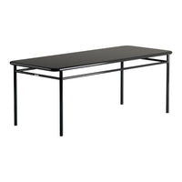 Black rectangular table with a sleek glossy finish and minimalist design, featuring a sturdy metal frame.