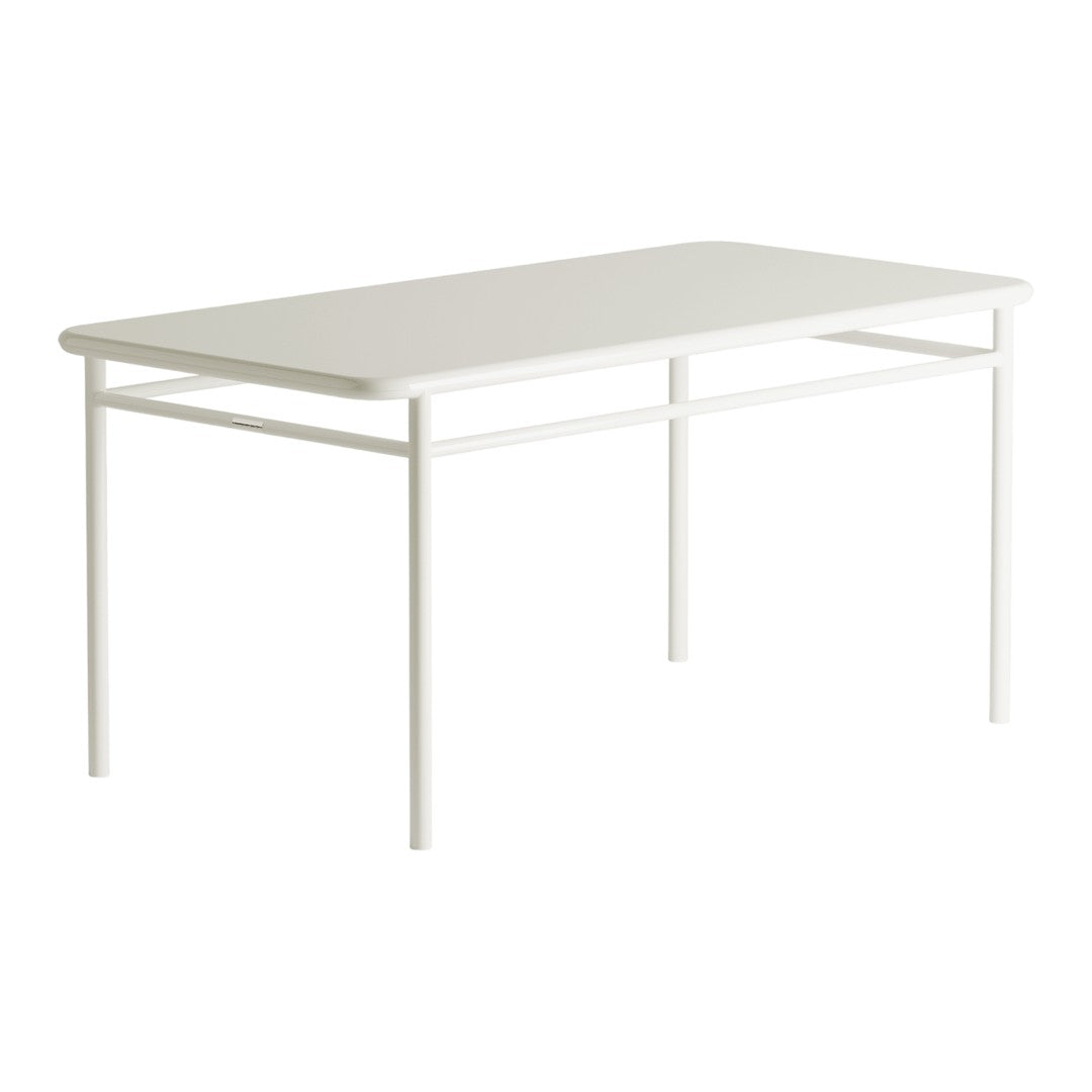 White rectangular table with a minimalistic design and sleek metal legs, perfect for modern décor.