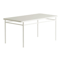 White rectangular table with a minimalistic design and sleek metal legs, perfect for modern décor.