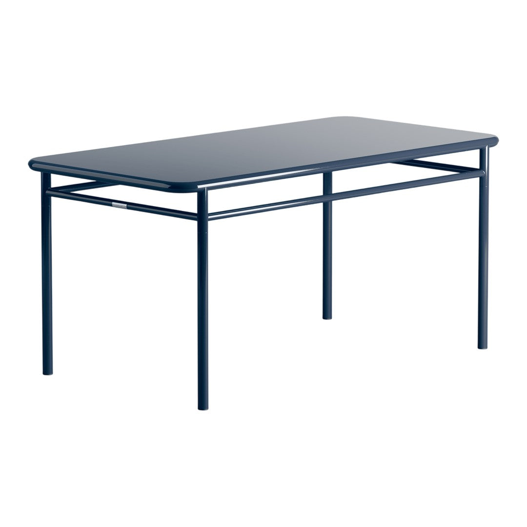 Rectangular table in deep navy blue with a sleek, smooth surface and minimalist metal frame.