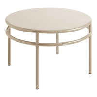 Round beige metal coffee table with a sleek, minimalist design and a smooth, glossy finish.