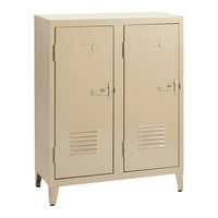 Beige metal locker cabinet with vertical slats and minimalist design, featuring two doors and a sleek finish.