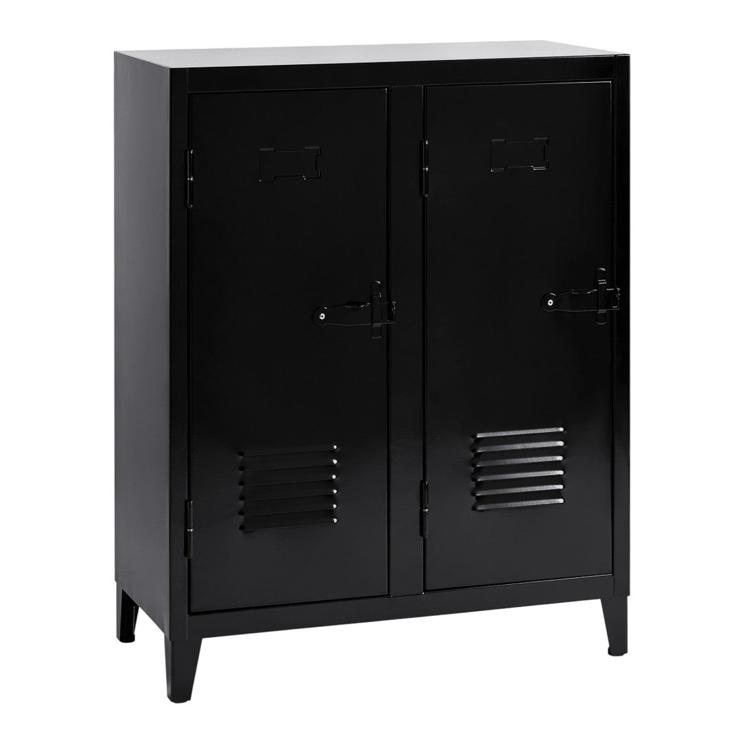 Black metal storage locker with a sleek, minimalist design and vented doors, perfect for modern decor.
