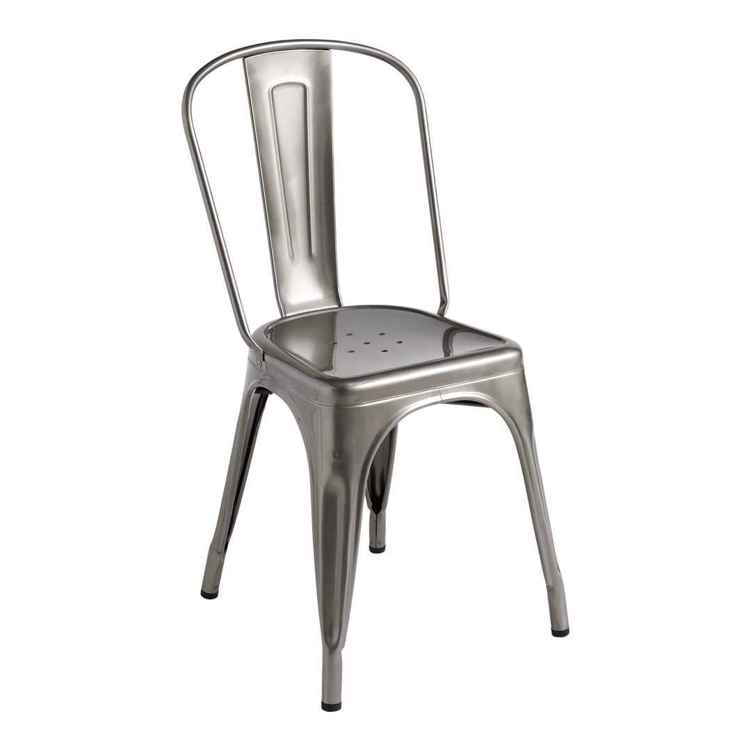 Metallic silver chair with a minimalist design featuring a smooth finish and perforated seat pattern.