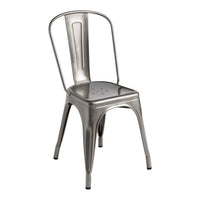 Metallic silver chair with a minimalist design featuring a smooth finish and perforated seat pattern.