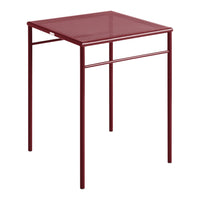 "Square metal table in deep burgundy with a sleek, modern design and smooth finish."