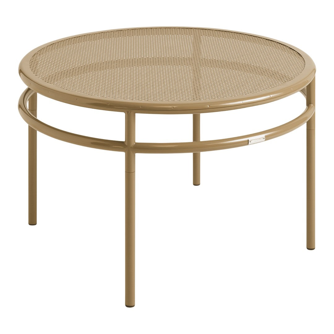 Round mesh coffee table in a warm beige color with a sleek metal frame. Ideal for modern outdoor spaces.