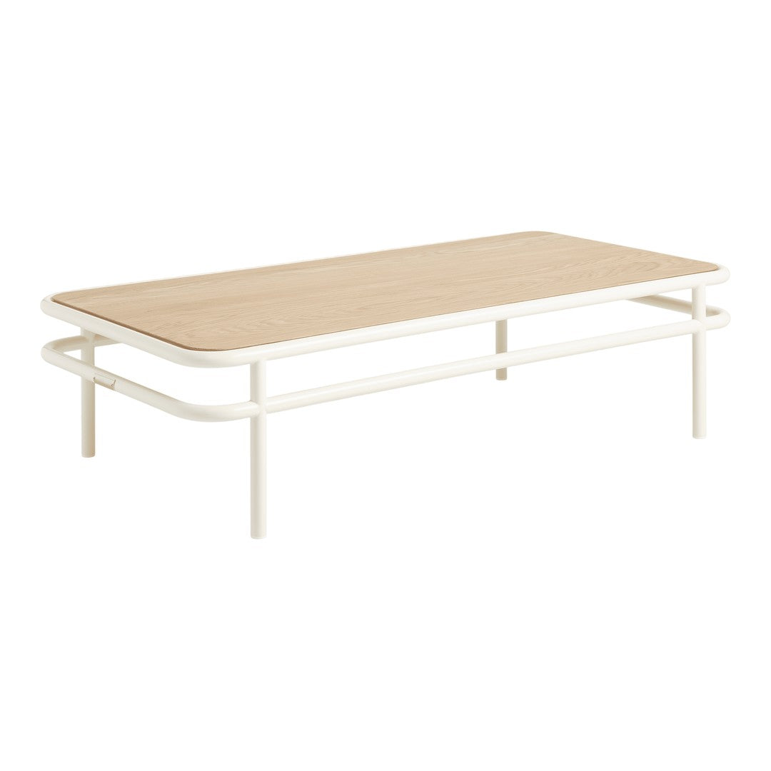 Light wood tabletop with a minimalist white metal frame, showcasing a sleek, modern design. Perfect for contemporary decor.