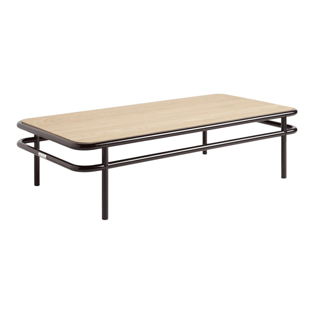 Light wood tabletop with black metal frame, featuring a sleek, minimalistic design and clean lines.