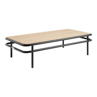 Natural wood tabletop with a light oak finish, accented by a sleek black metal frame.