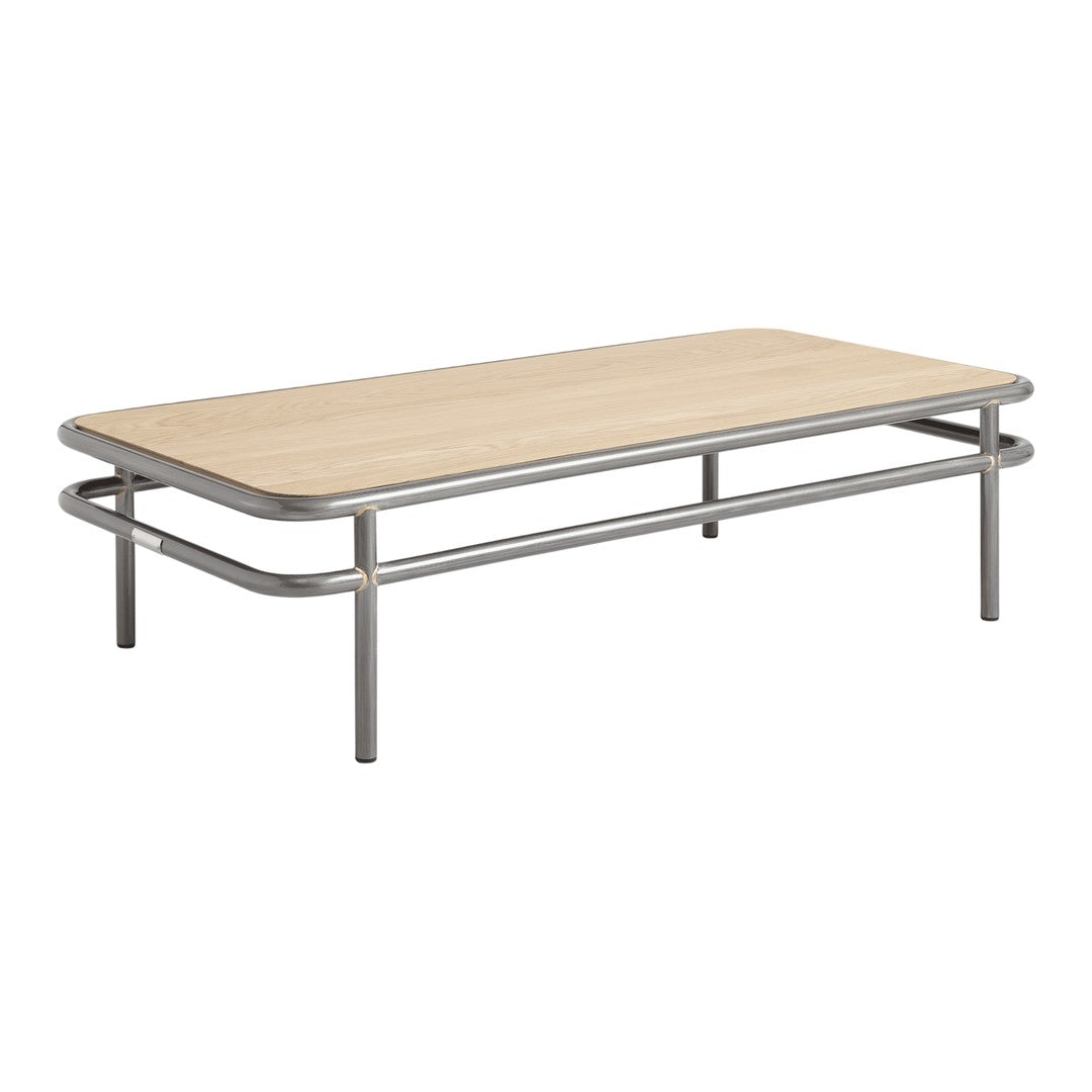 Light oak wood tabletop with sleek metallic silver legs and minimalistic design. Perfect for modern living spaces.