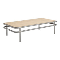 Light oak wood tabletop with sleek metallic silver legs and minimalistic design. Perfect for modern living spaces.