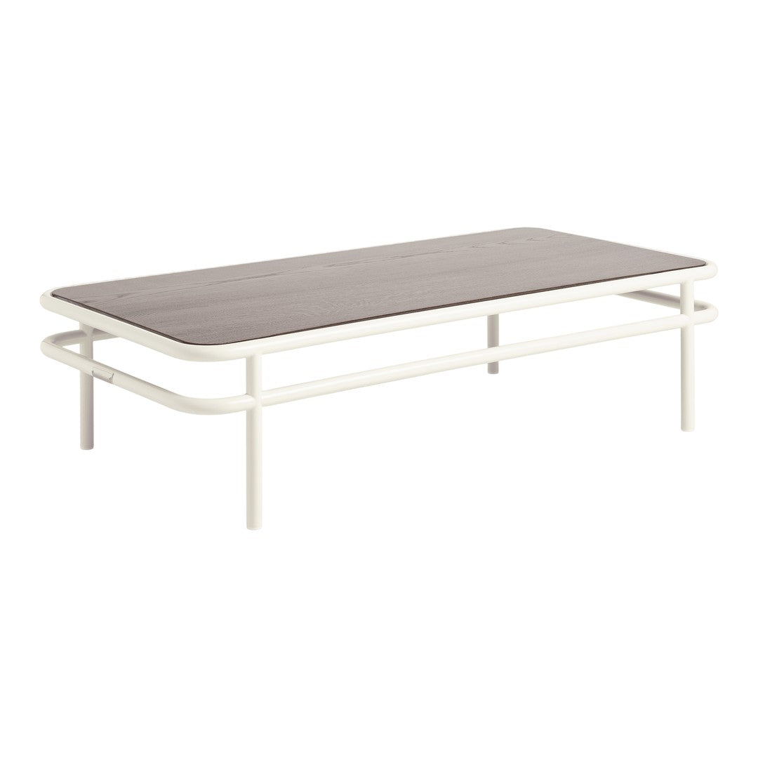 Modern coffee table featuring a dark wooden top and a sleek white metal frame, combining minimalism with elegance.