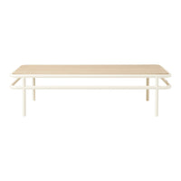 Light wood tabletop with a smooth finish and white metal frame, featuring a minimalist design and clean lines.