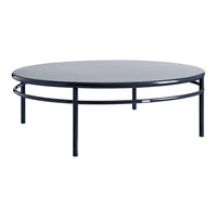 Round black coffee table with a glossy finish and sleek metal frame, perfect for modern living spaces.