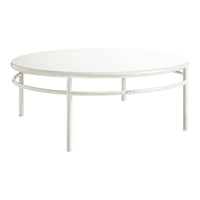 White circular coffee table with a sleek metal frame and smooth tabletop, showcasing minimalist design and modern style.