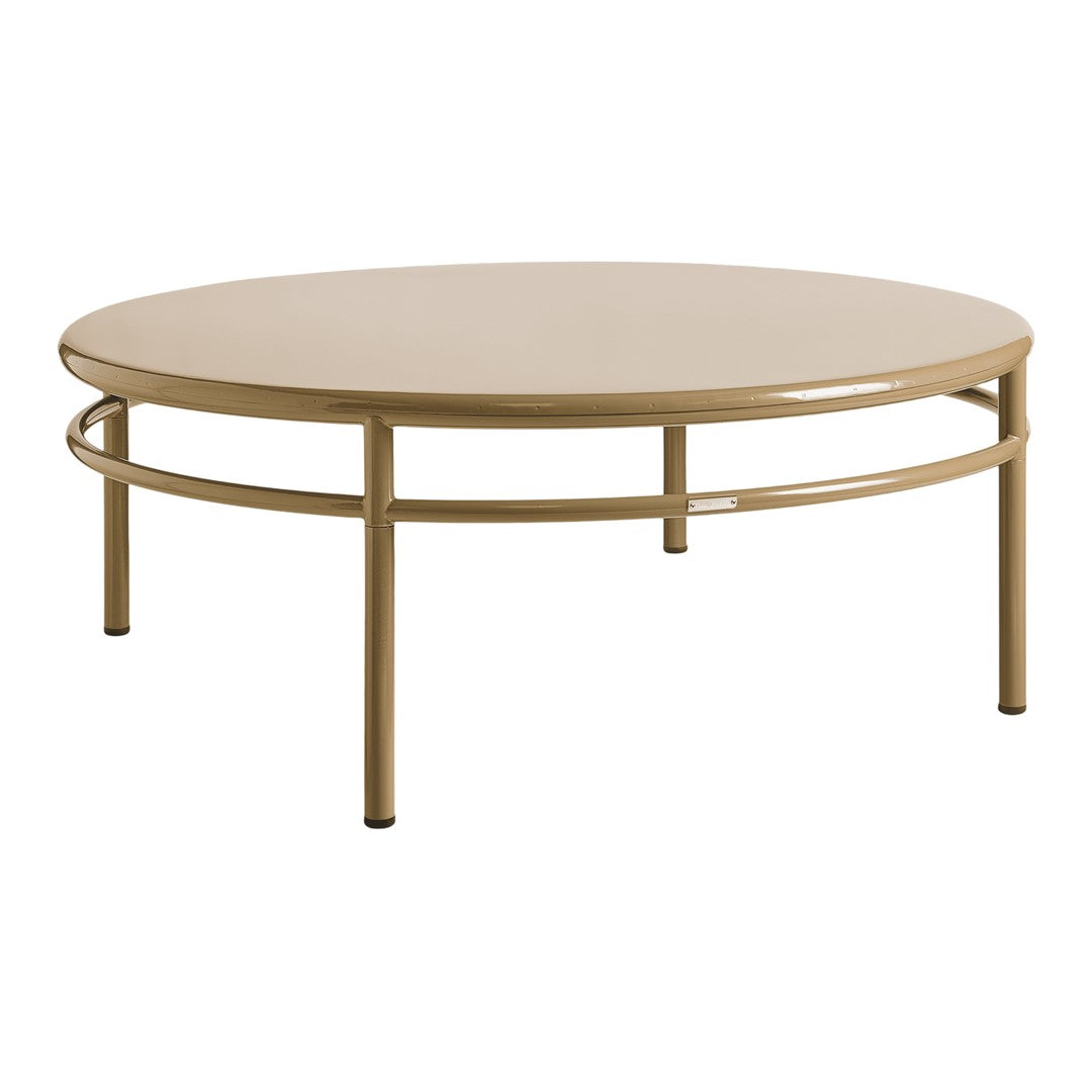 Round coffee table in soft beige with a sleek, minimalist design and subtle curved accents. Perfect for modern interiors.