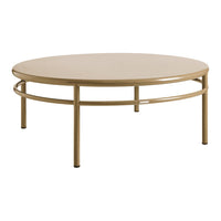 Round coffee table in soft beige with a sleek, minimalist design and subtle curved accents. Perfect for modern interiors.