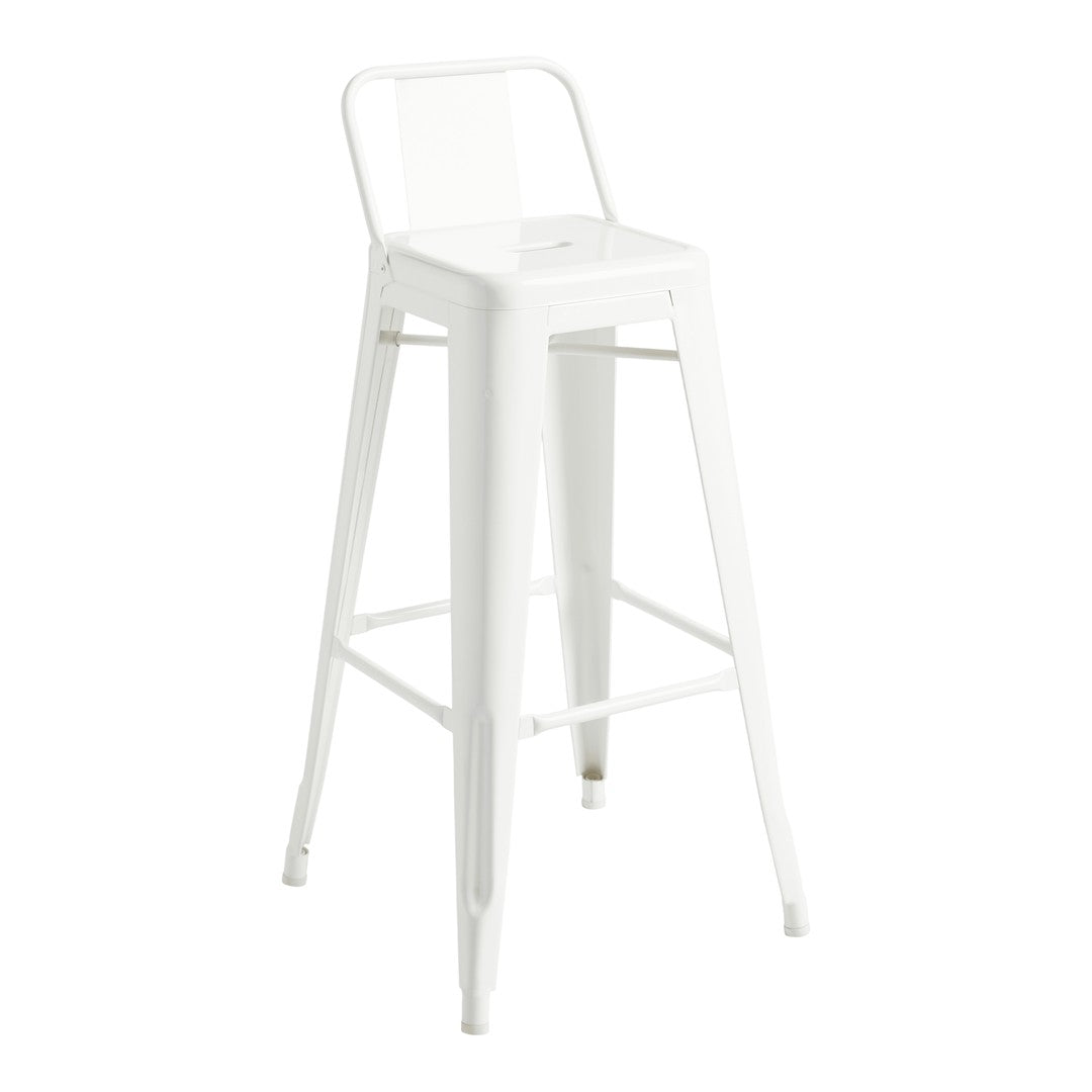 White metal bar stool with a sleek, minimalist design and smooth, clean lines. Ideal for modern decor.