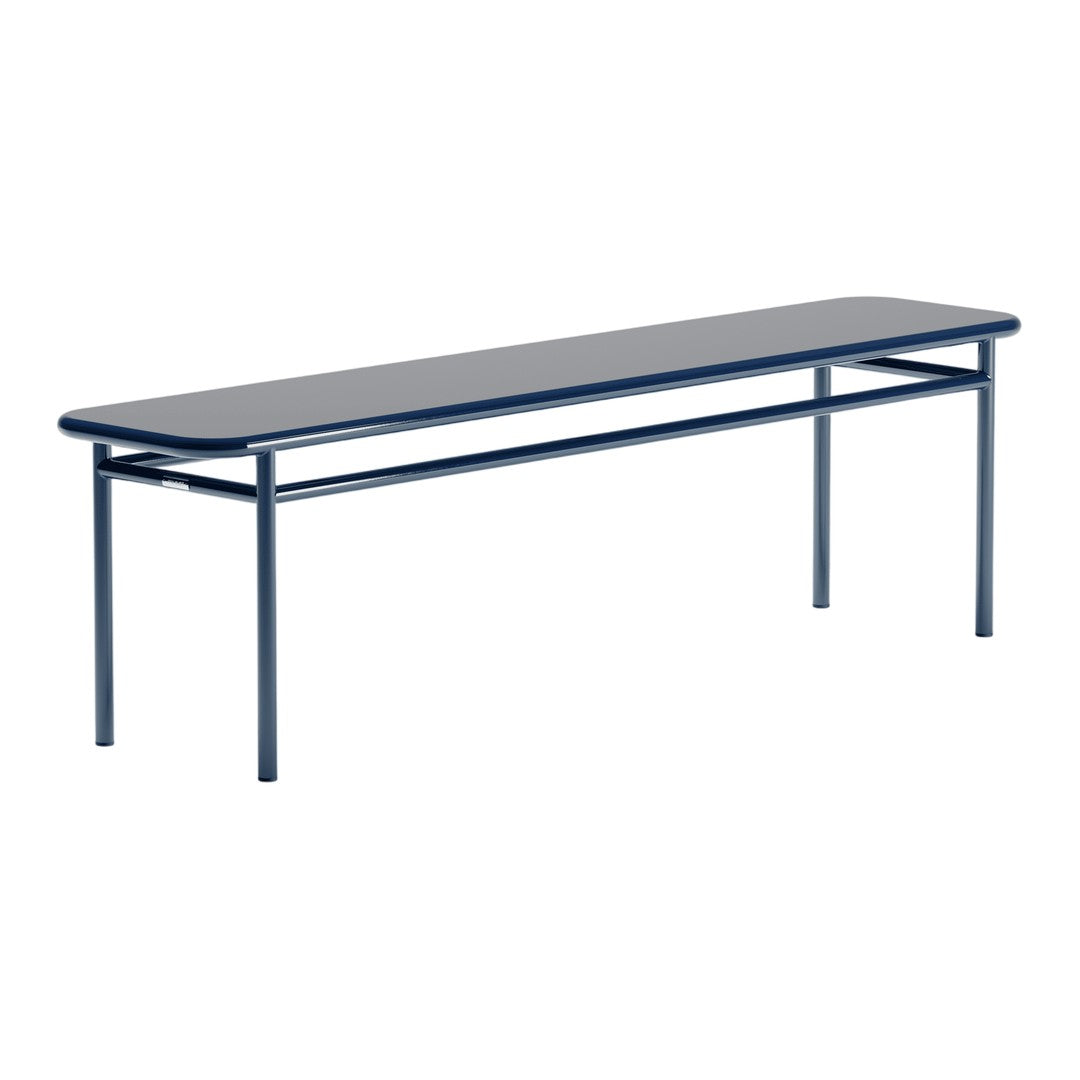 Navy blue bench with a smooth, sleek surface and minimalistic design, perfect for modern decor.