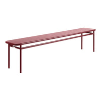 Long maroon bench with a sleek, minimalist design and smooth finish, perfect for contemporary spaces.