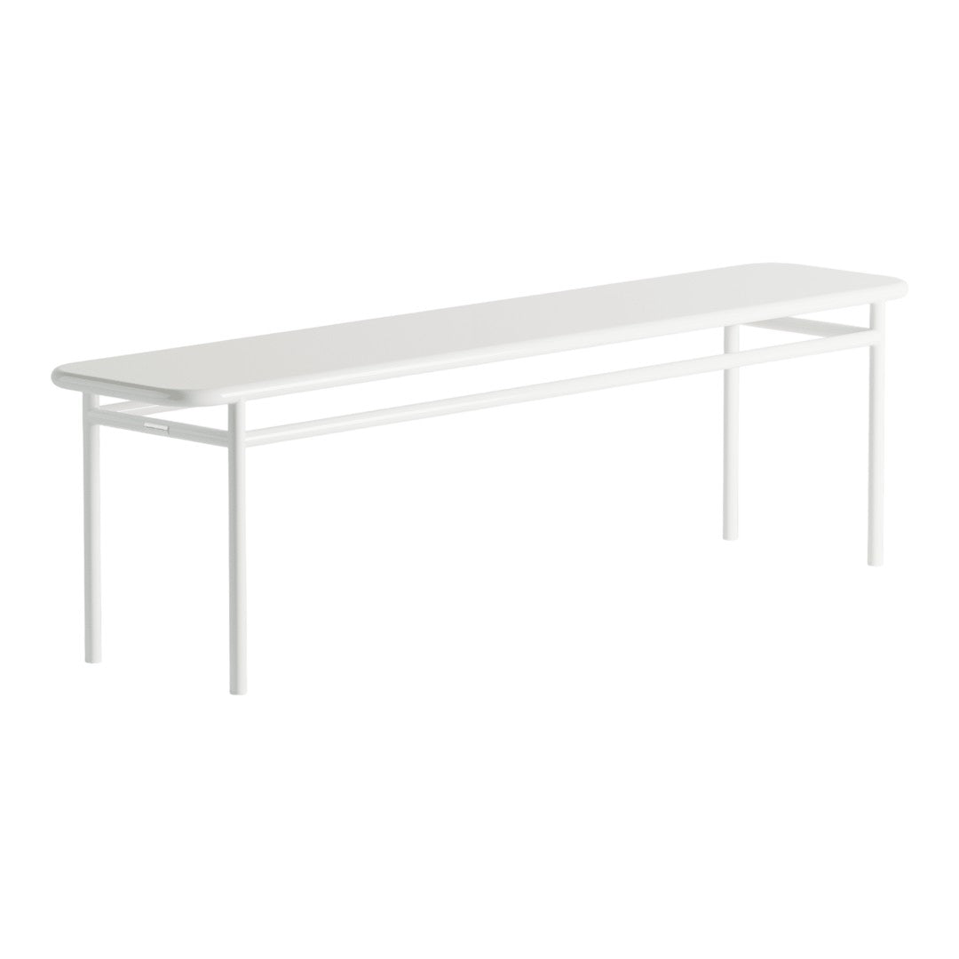 White minimalist bench with a sleek design and smooth surface, featuring clean lines and a modern aesthetic.