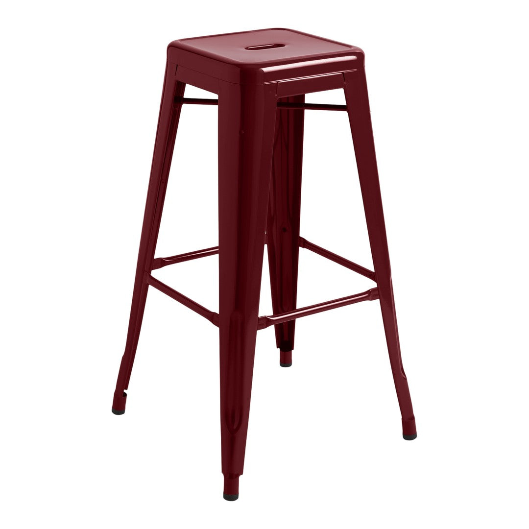 Burgundy metal bar stool with a sleek, minimalist design and smooth surface finish. Ideal for modern decor.