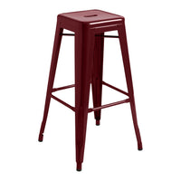Burgundy metal bar stool with a sleek, minimalist design and smooth surface finish. Ideal for modern decor.