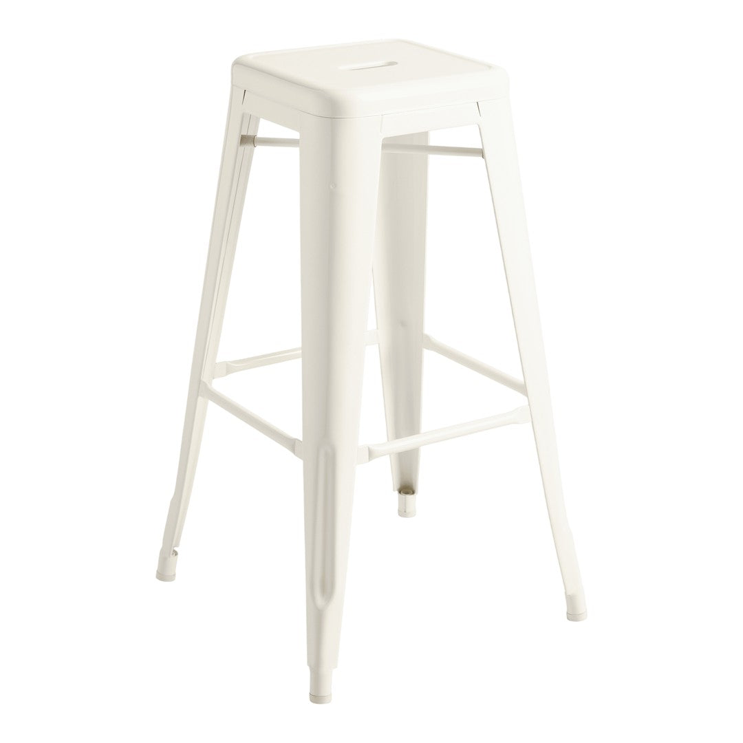White metal bar stool with a minimalist design and smooth, glossy finish. Perfect for modern interiors.