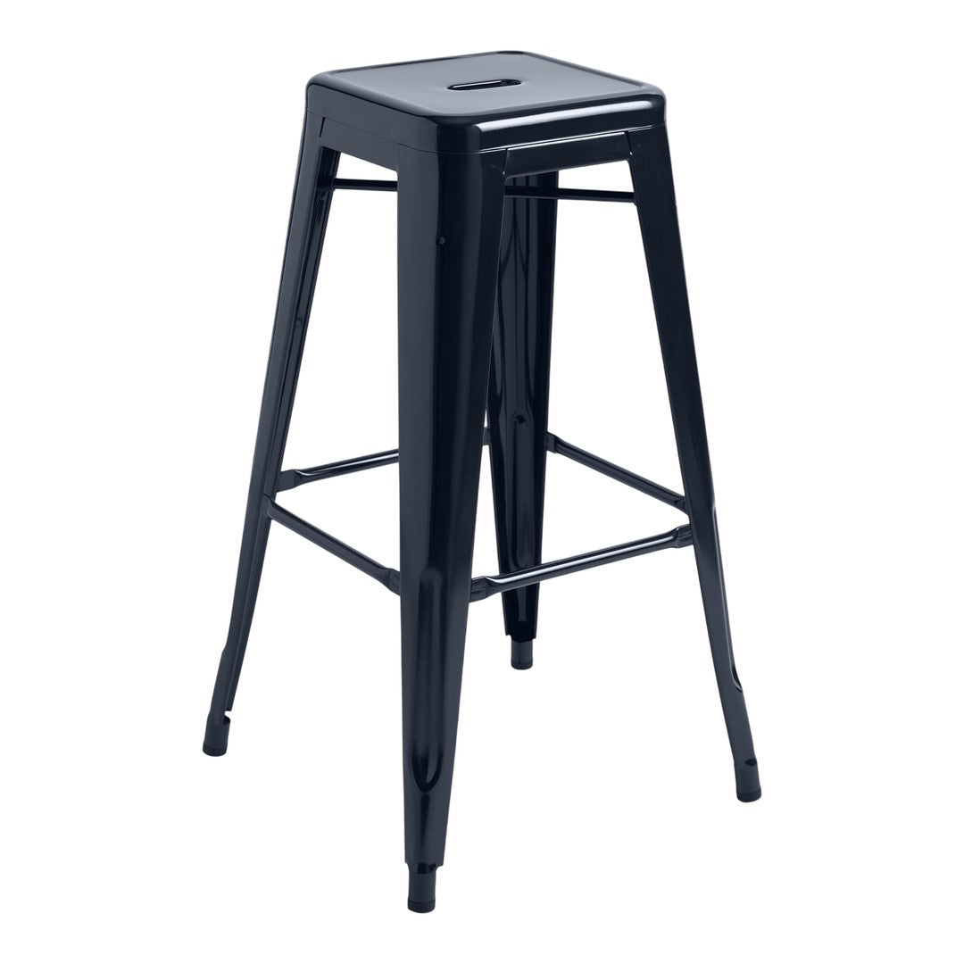 Black metal bar stool with a sleek, minimalist design and a smooth finish. Ideal for modern decor.