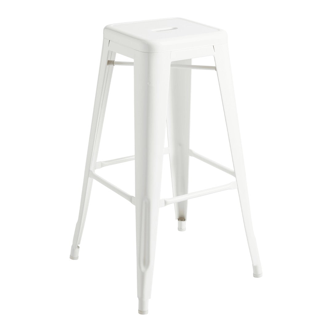 White metal bar stool with a sleek, minimalist design and smooth finish, perfect for modern decor.