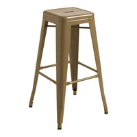 "Metal bar stool in muted tan color with a sleek, minimalist design and no visible patterns."